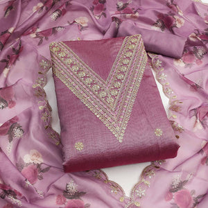 Lilac Purple Floral Cording Embroidery With Sequins Work Chanderi Silk Dress Material