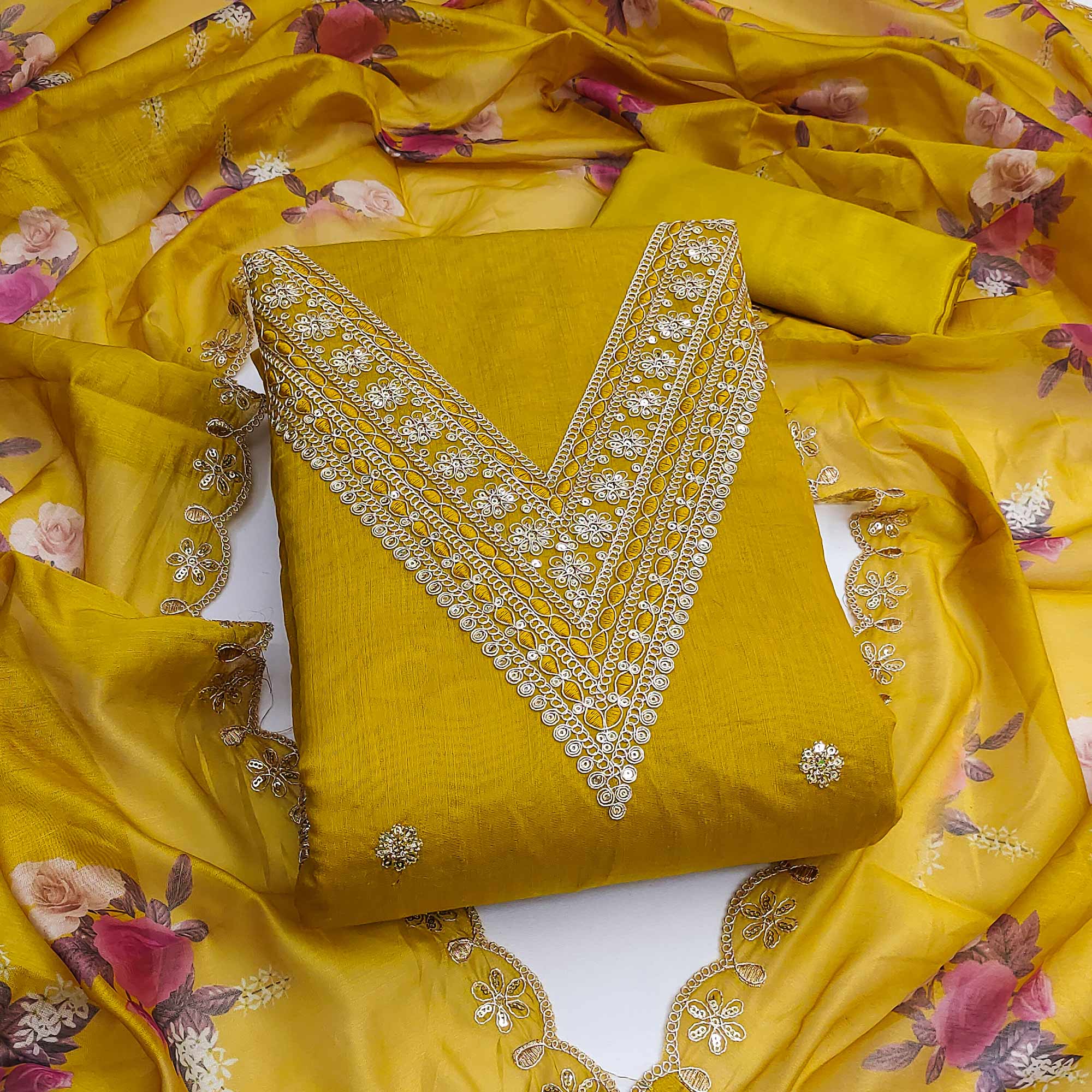 Mustard Floral Cording Embroidery With Sequins Work Chanderi Silk Dress Material