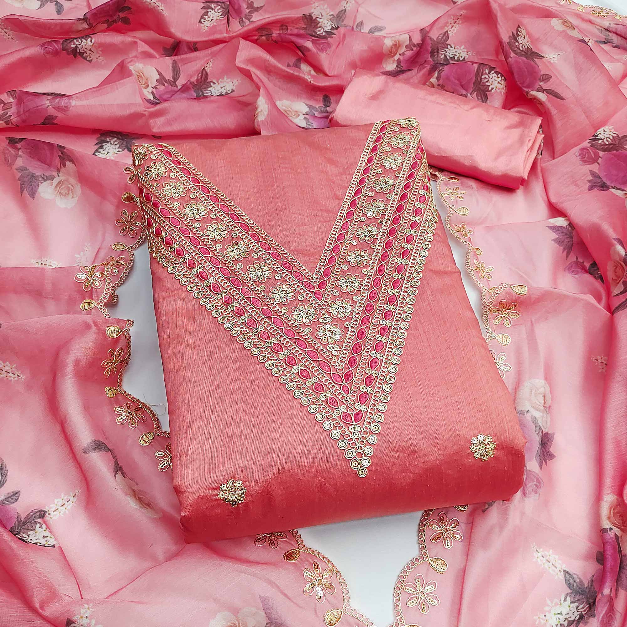 Peach Floral Cording Embroidery With Sequins Work Chanderi Silk Dress Material