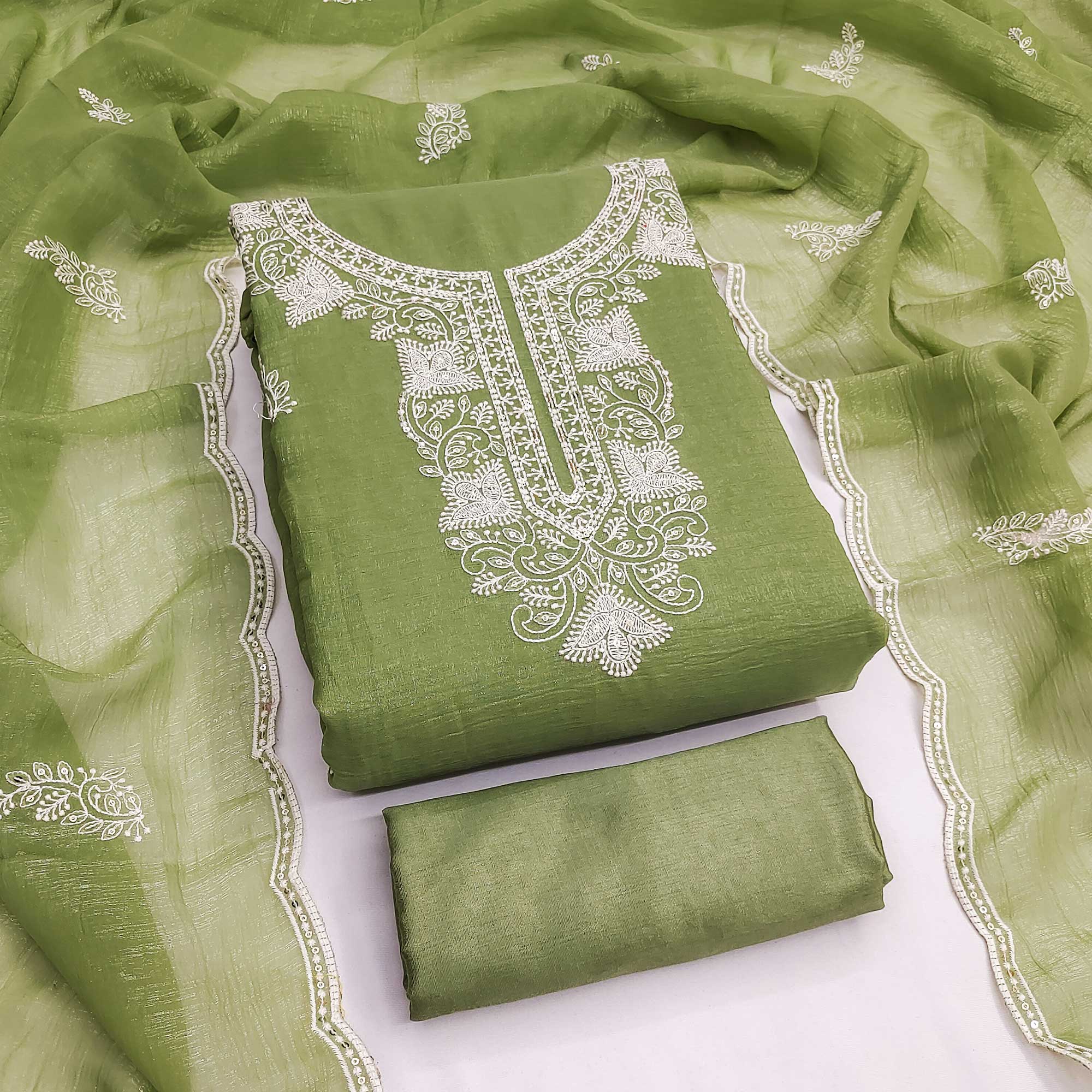 Green Georgette Crunchy Silk Dress Material with Elegant Floral Thread Embroidery & Sequins Work