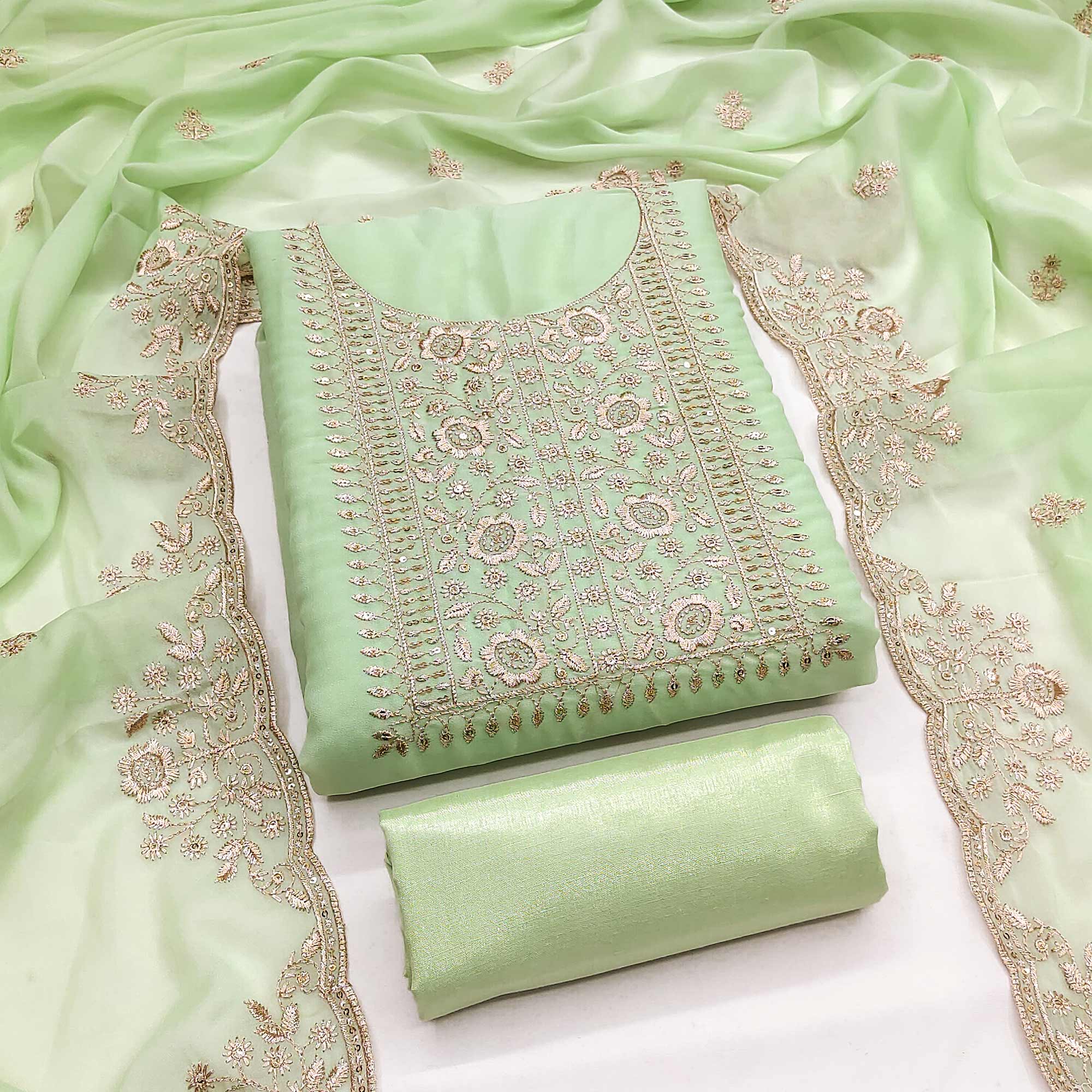 Green Georgette Dress Material With Intricate Floral Zari Embroidery & Sequins Work