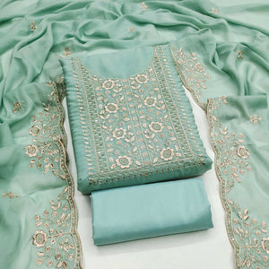 Turquoise Georgette Dress Material With Intricate Floral Zari Embroidery & Sequins Work