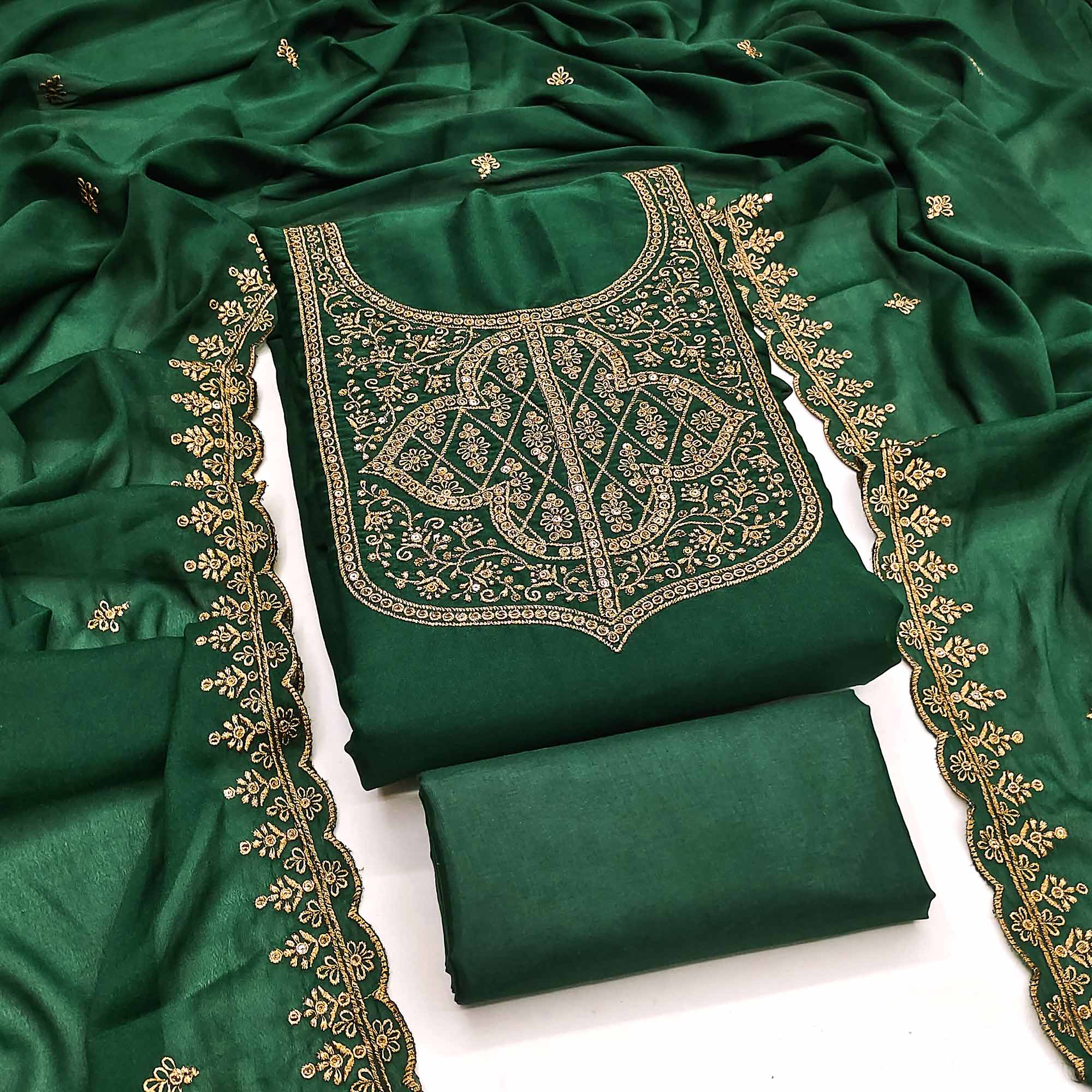 Green Georgette Dress Material With Sparkling Sequins & Zari Floral Embroidery