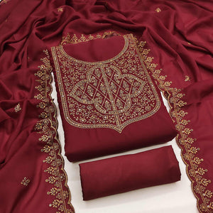 Maroon Georgette Dress Material With Sparkling Sequins & Zari Floral Embroidery