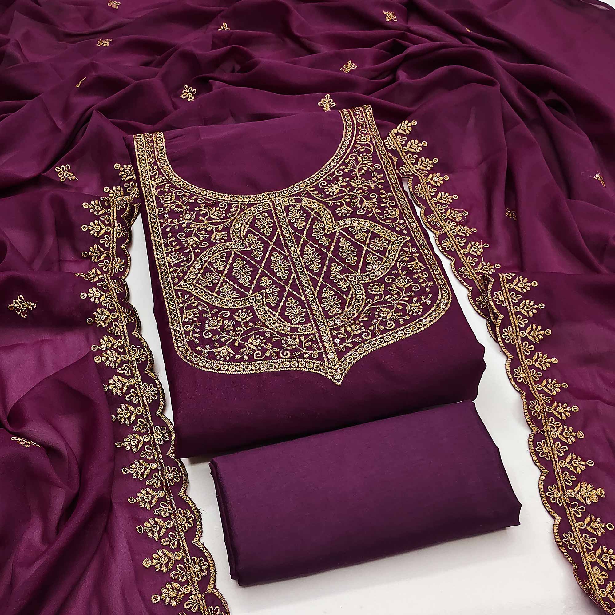 Wine Georgette Dress Material With Sparkling Sequins & Zari Floral Embroidery