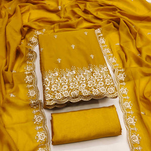 Mustard Georgette Dress Material With Delicate Floral Zari Embroidery