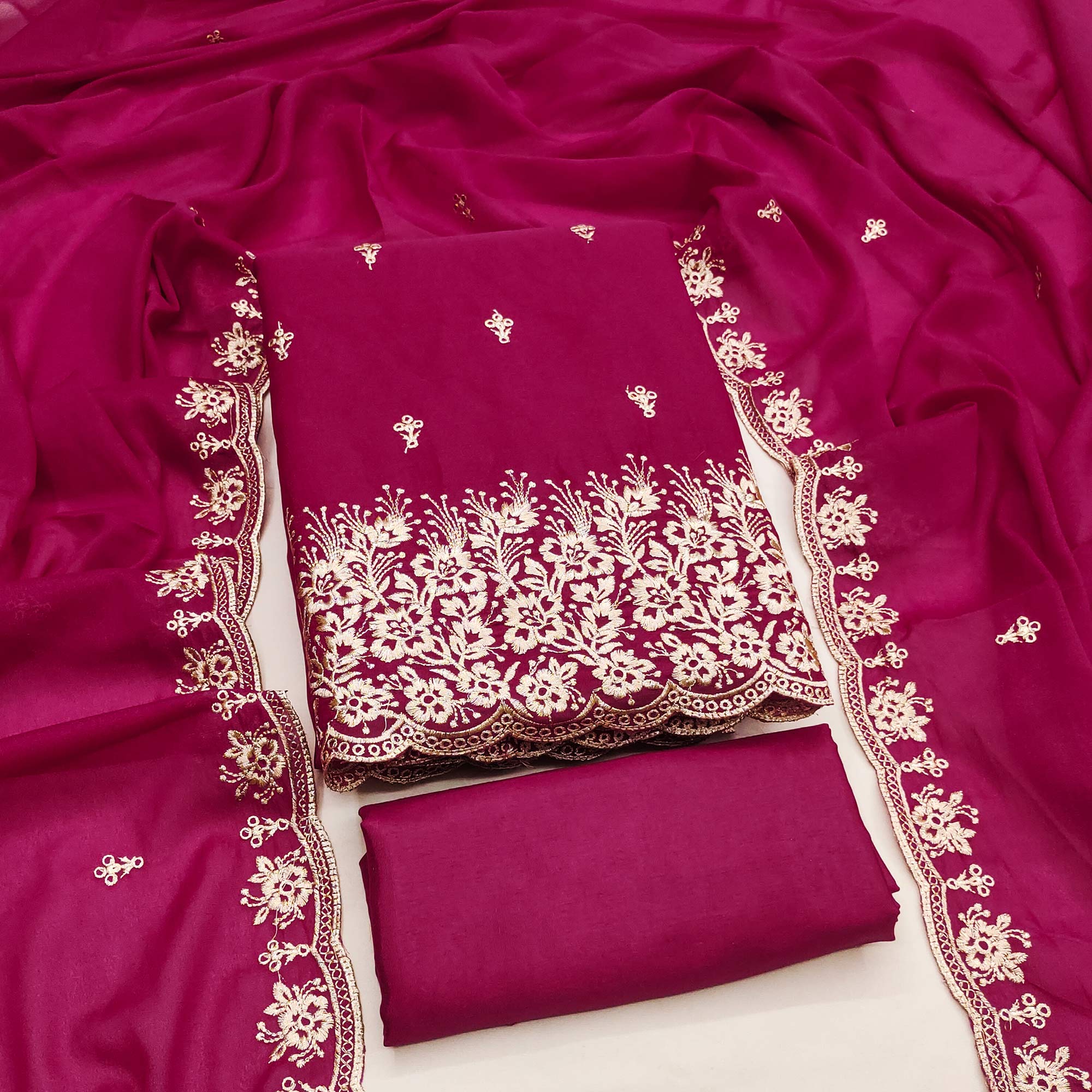 Rani Pink Georgette Dress Material With Delicate Floral Zari Embroidery