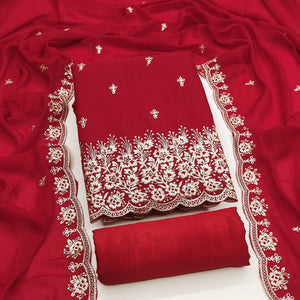 Red Georgette Dress Material With Delicate Floral Zari Embroidery