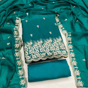 Teal Georgette Dress Material With Delicate Floral Zari Embroidery