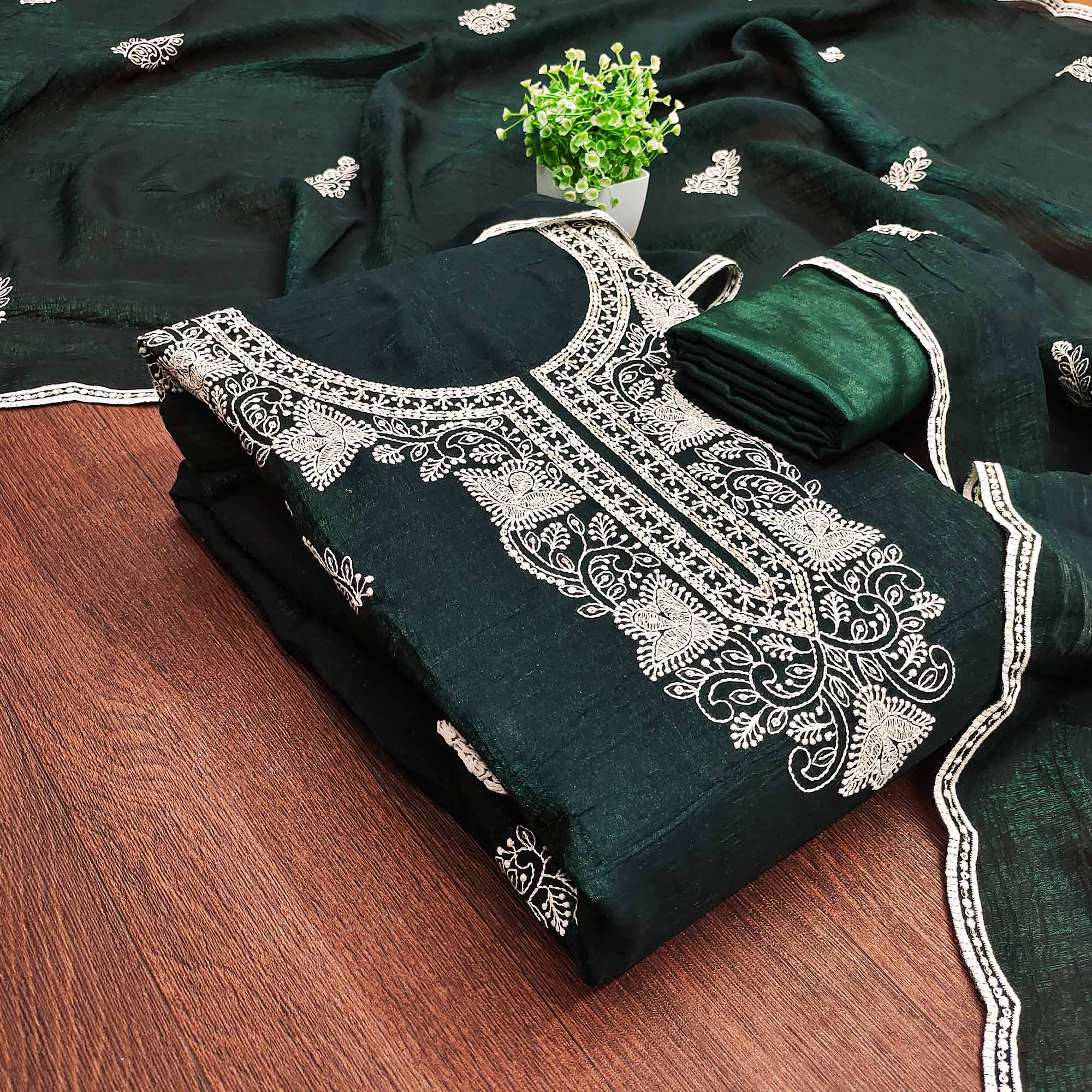 Bottle Green Dress Material With Threaded Floral Embroidery & Sequins Bottle Green Dress Material With Threaded Floral Embroidery & Sequins