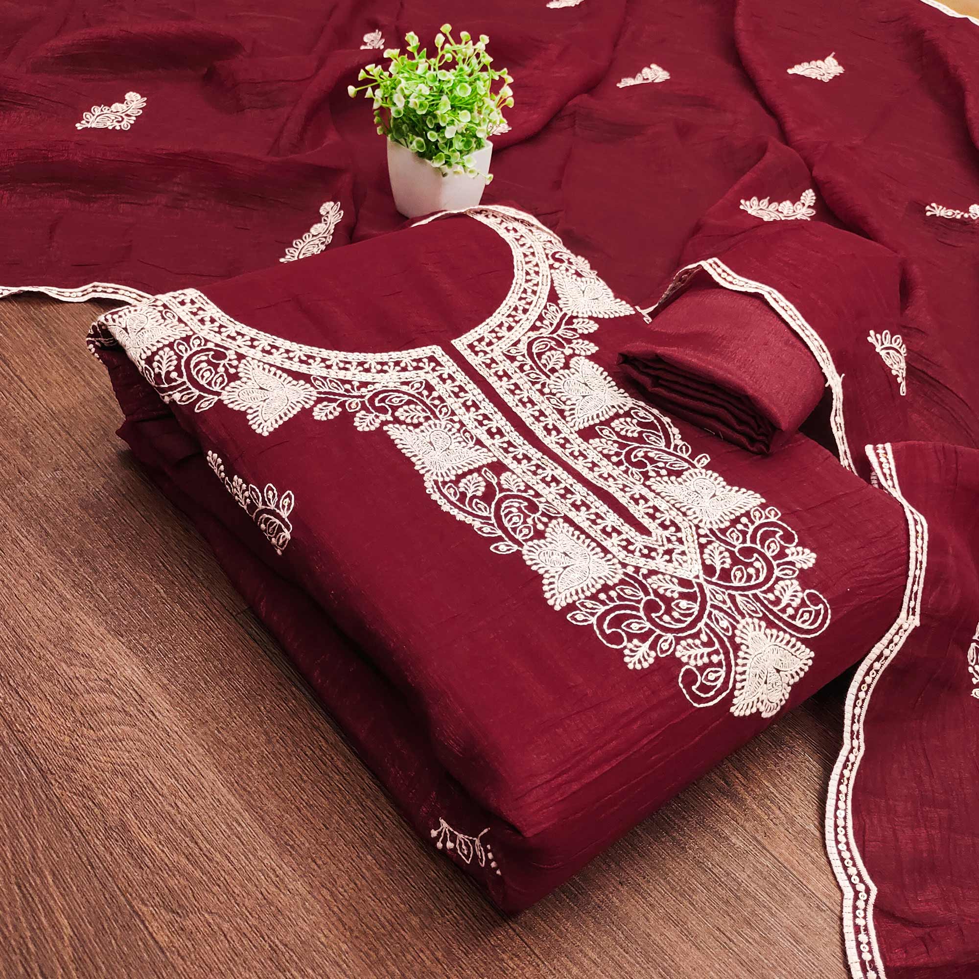 Maroon Dress Material With Threaded Floral Embroidery & Sequins on Crunchy Silk Georgette