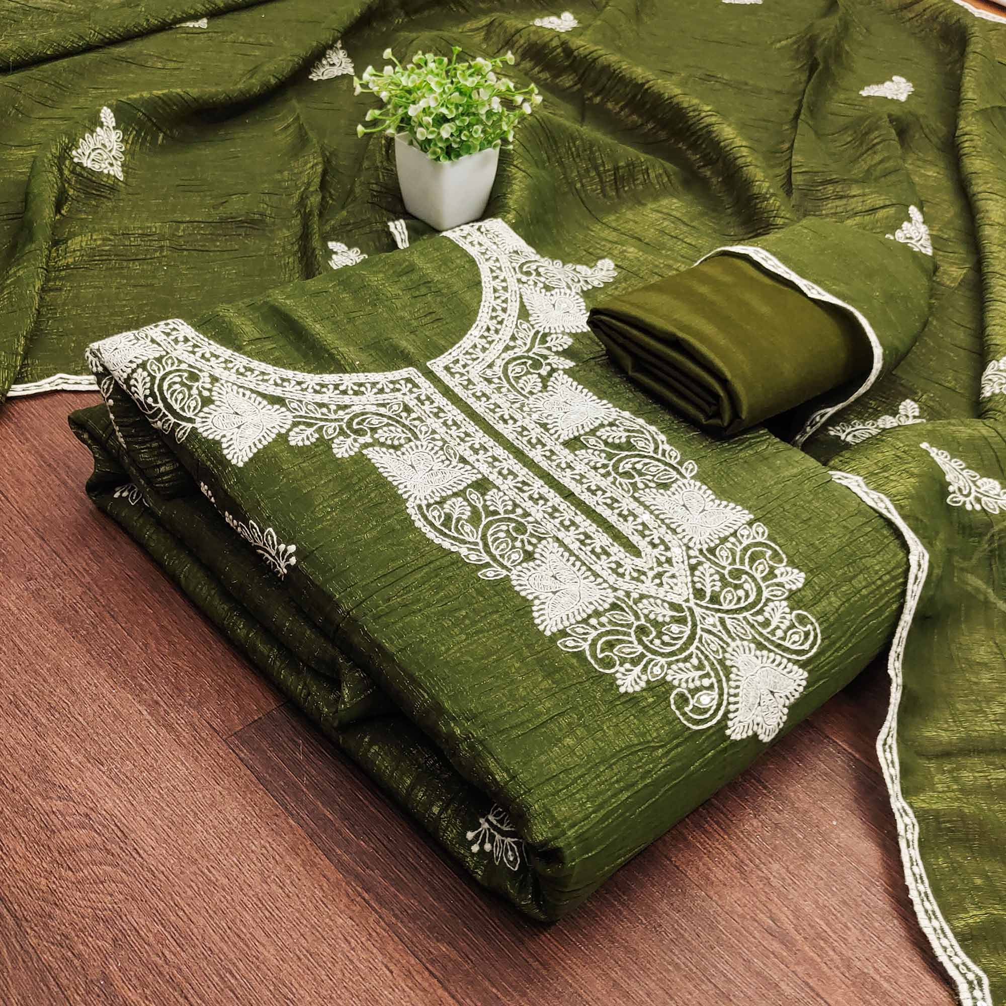 Mehendi Green Dress Material With Threaded Floral Embroidery & Sequins Mehendi Green Dress Material With Threaded Floral Embroidery & Sequins