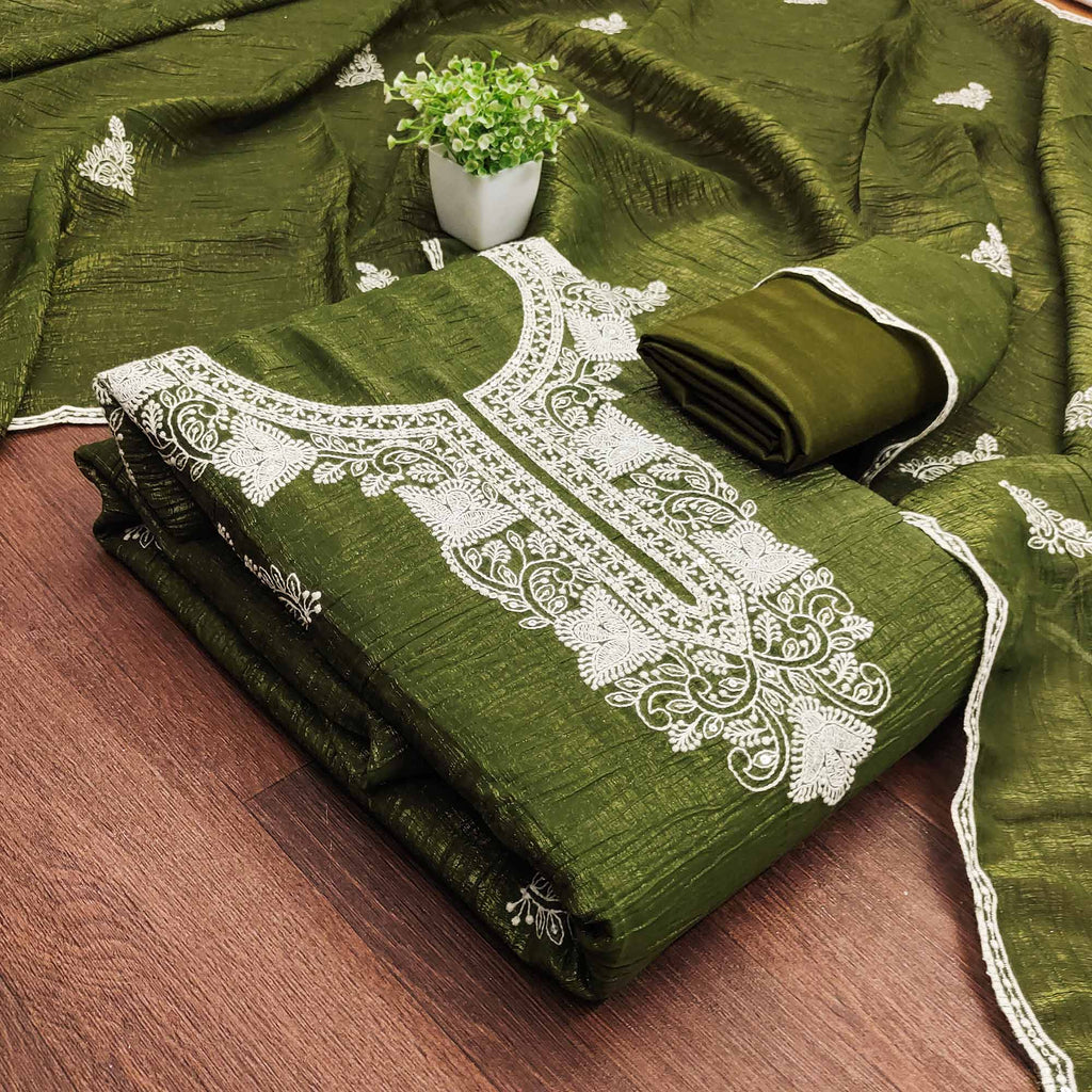 Mehendi Green Dress Material With Threaded Floral Embroidery & Sequins