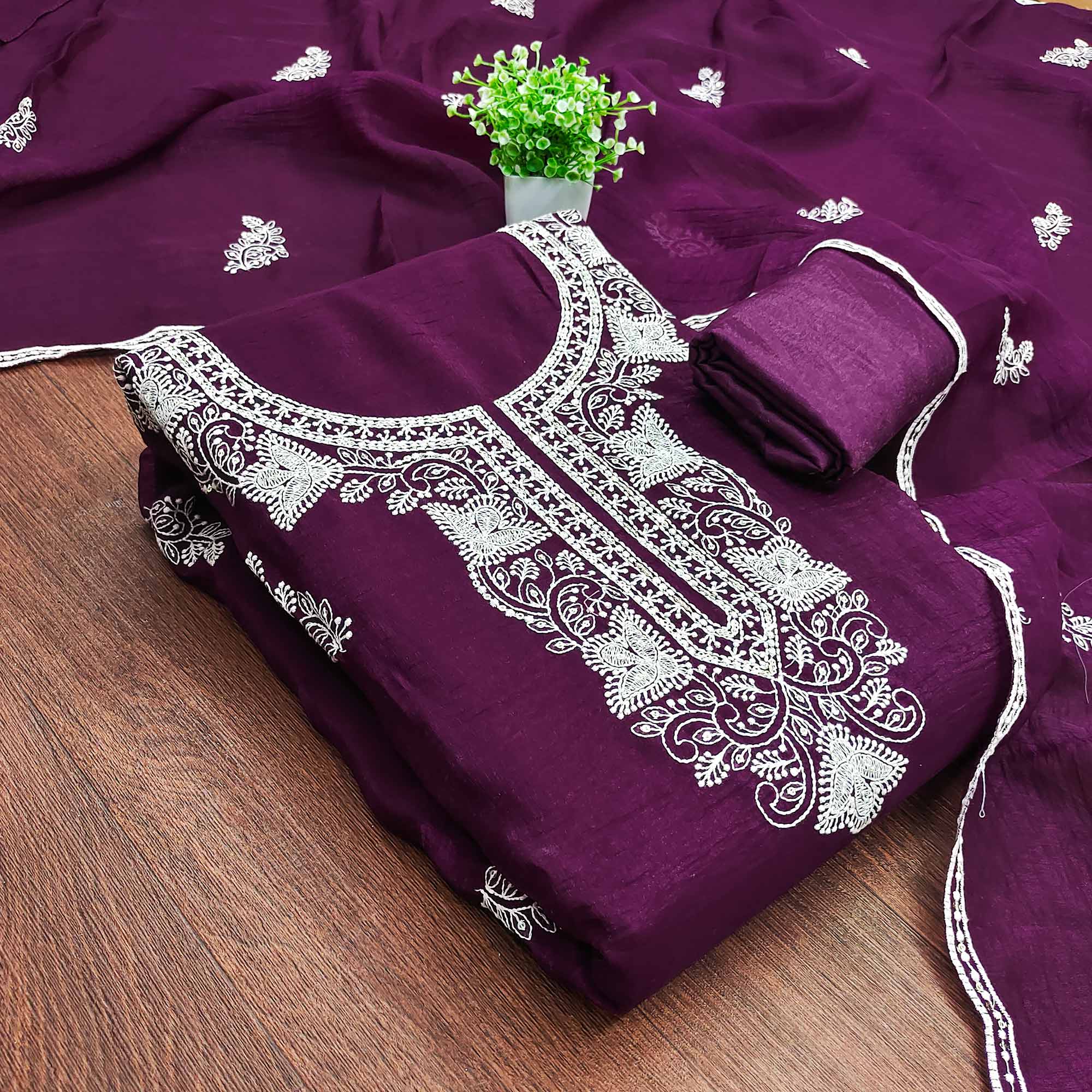 Wine Dress Material With Threaded Floral Embroidery & Sequins on Crunchy Silk Georgette