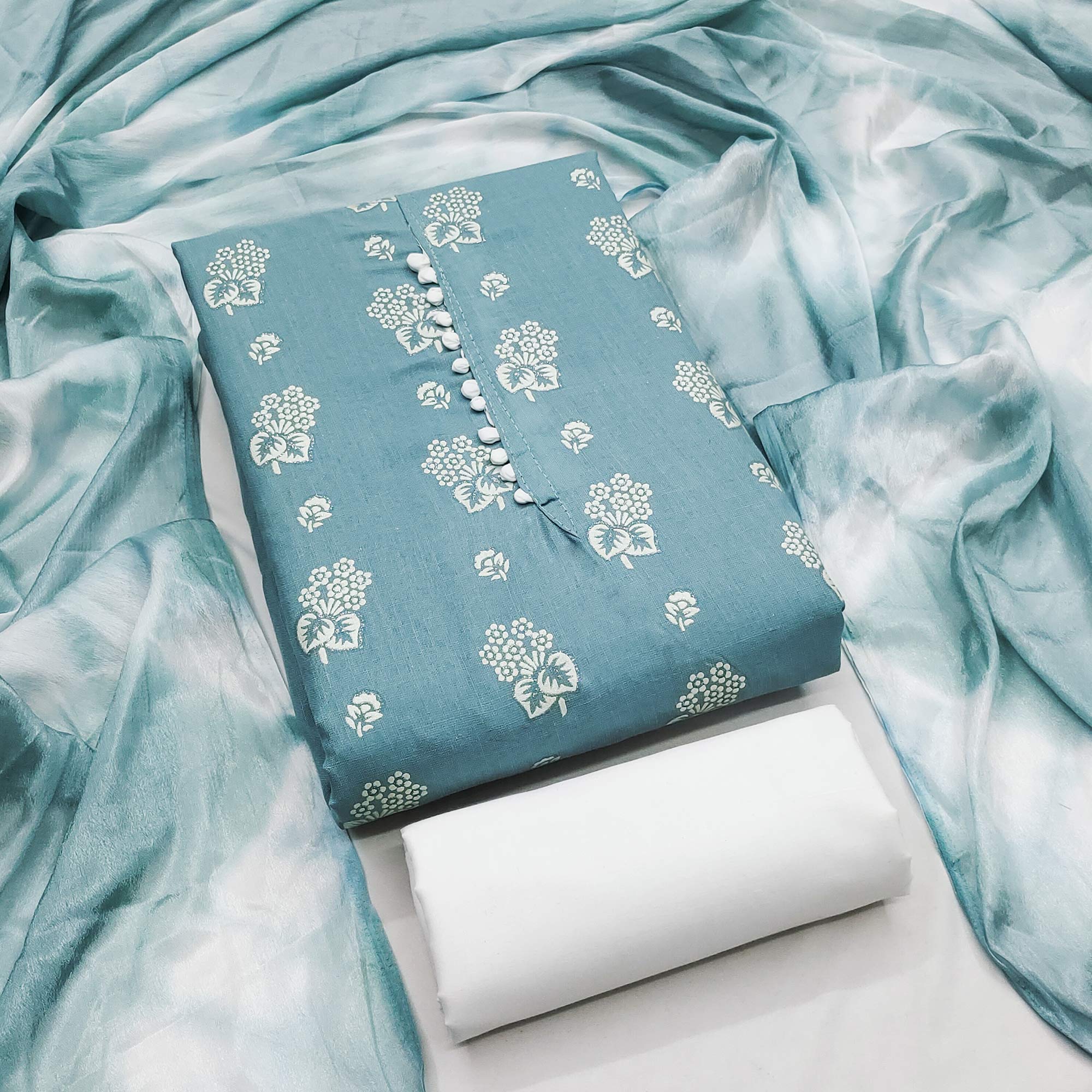 Charming Blue Cotton Blend Dress Material With Floral Print