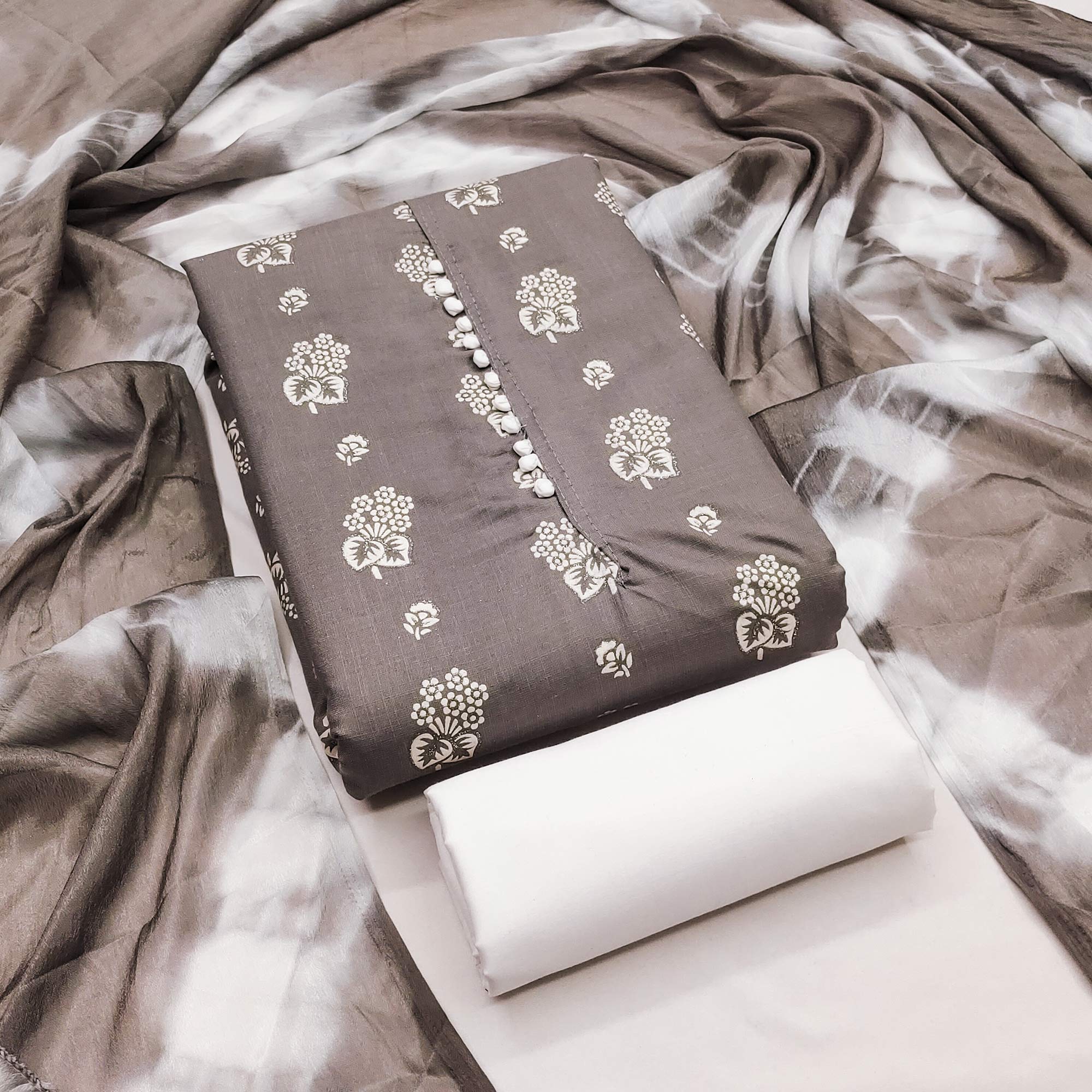 Sophisticated Grey Floral Printed Cotton Blend Dress Material