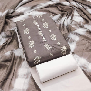 Sophisticated Grey Floral Printed Cotton Blend Dress Material