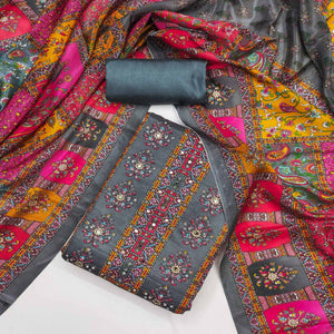 Grey Pakistani Dress Material Featuring Soft Chinon Fabric and Timeless Floral Prints