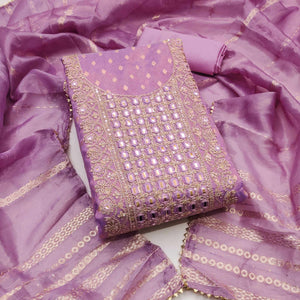 Lavender Weaving Dress Material In Shimmer Silk With Detailed Cording & Sequin Embroidery Work