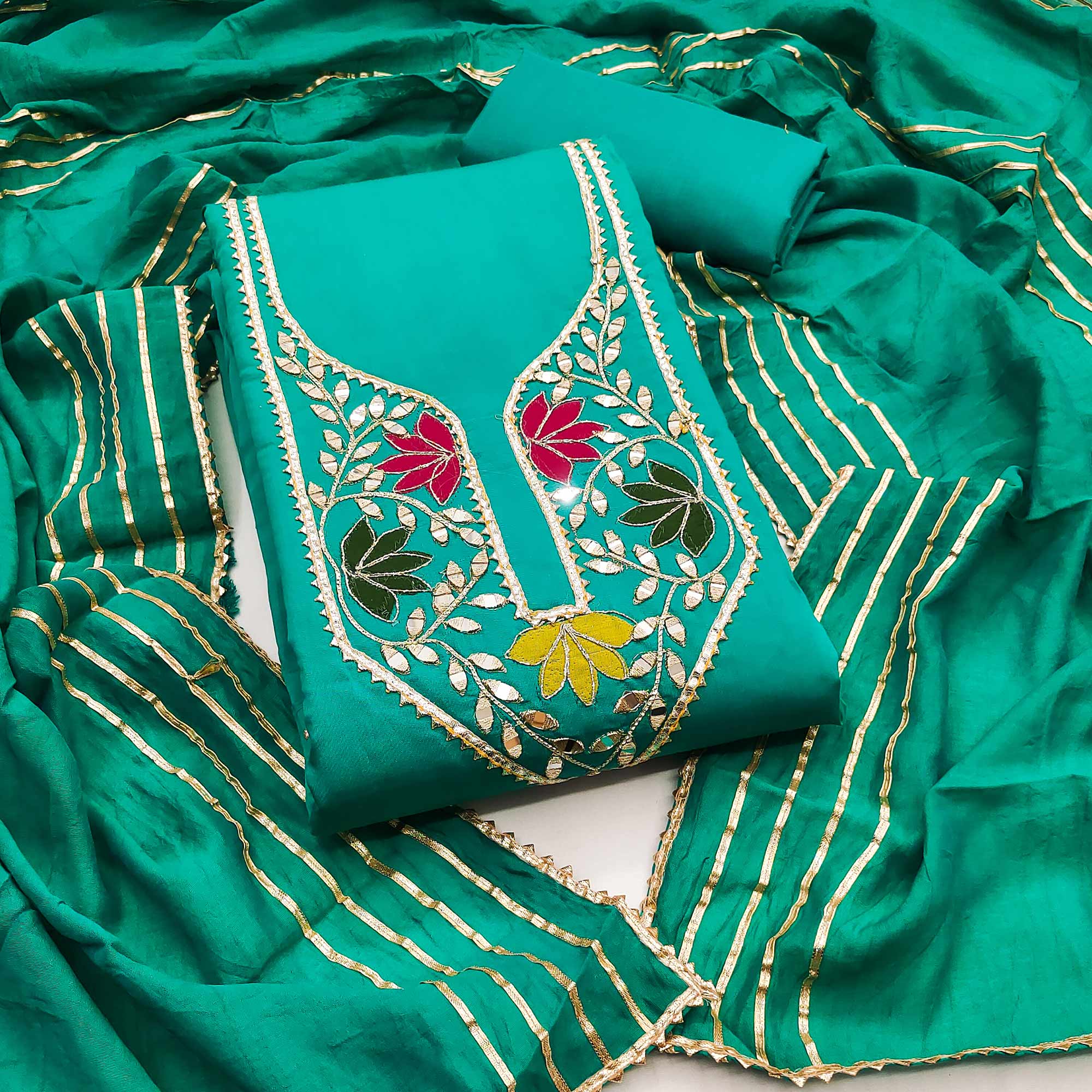 Rama Green Floral Embroidery Chanderi Cotton Dress Material Embellished With Mirror & Gota Patti