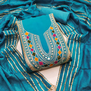 Blue Embroidered Chanderi Cotton Dress Material With Reflective Mirror & Gota Patti Work