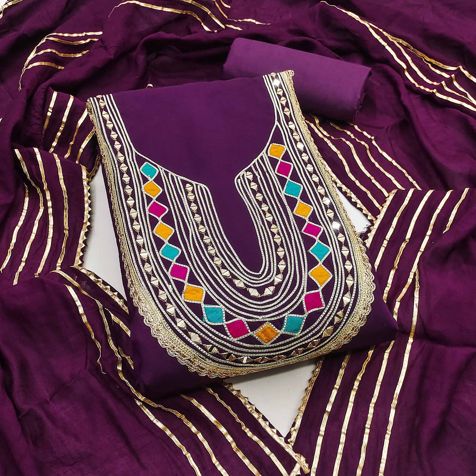 Purple Embroidered Chanderi Cotton Dress Material With Reflective Mirror & Gota Patti Work