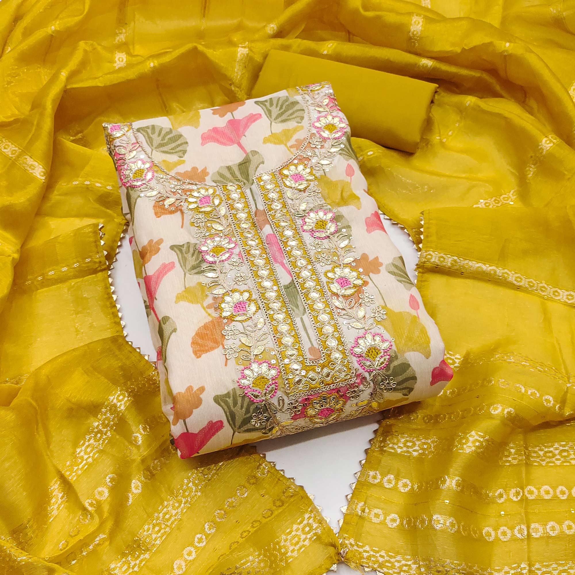 Cream & Mustard Floral Printed Shimmer Silk Dress Material Enhanced With Sequins Cording Embroidery