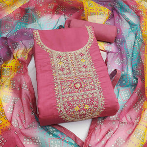 Gajari Pink Roman Chanderi Silk Dress Material With Elegant Sequins & Cording Embroidery Work