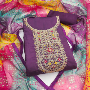 Purple Roman Chanderi Silk Dress Material With Elegant Sequins & Cording Embroidery Work