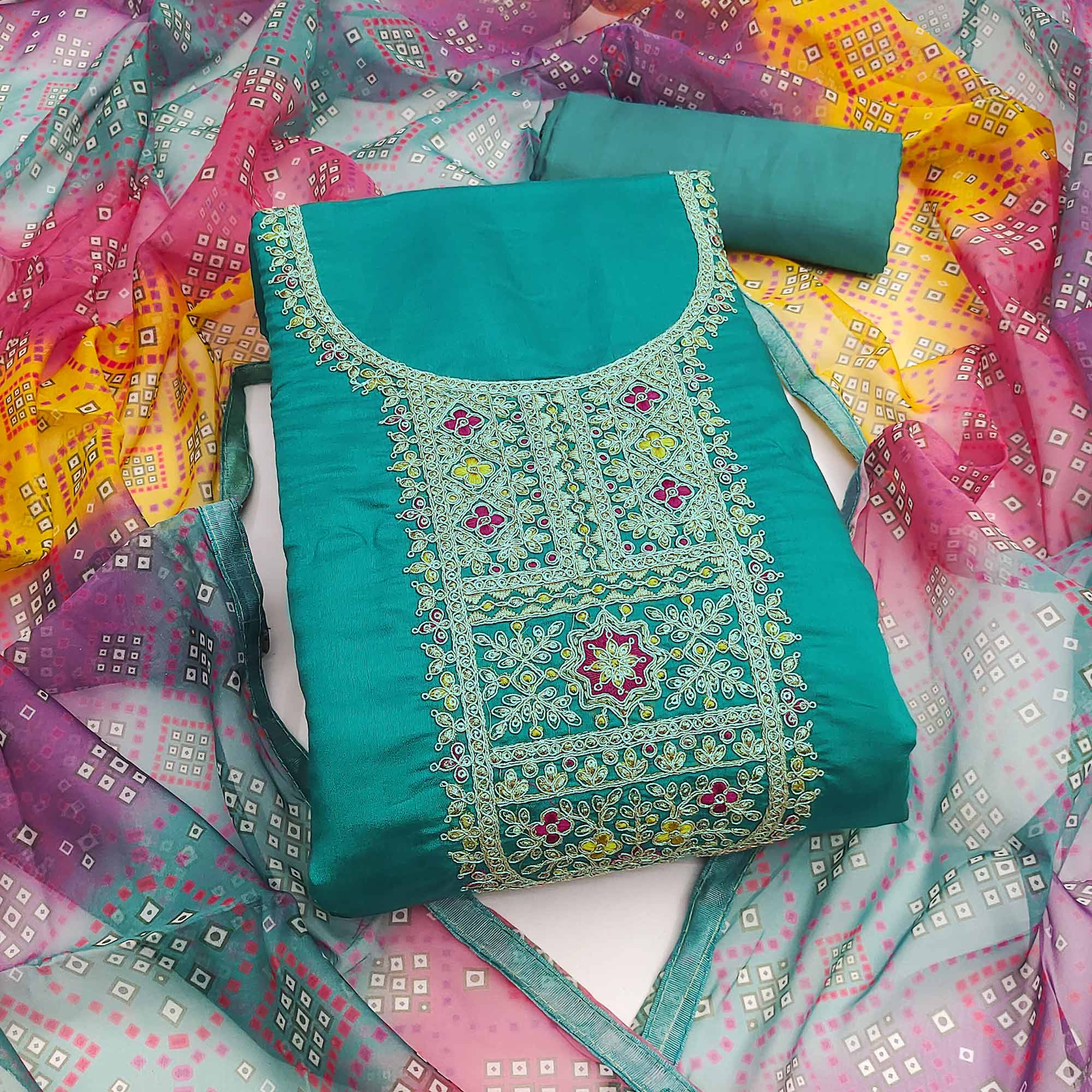 Rama Blue Roman Chanderi Silk Dress Material With Elegant Sequins & Cording Embroidery Work