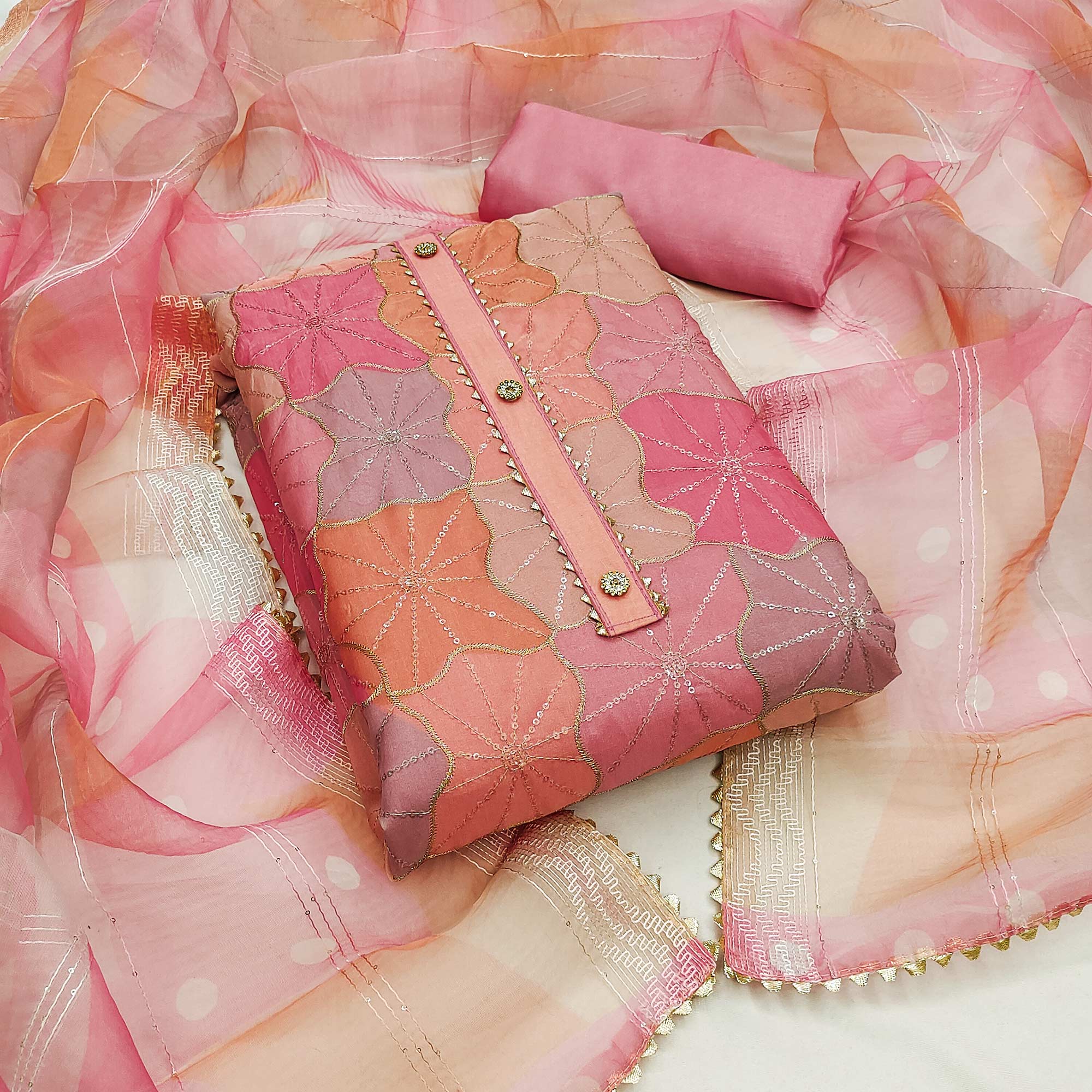 Pink Organza Suit Material with Delicate Sequins Embroidery to Elevate Your Look