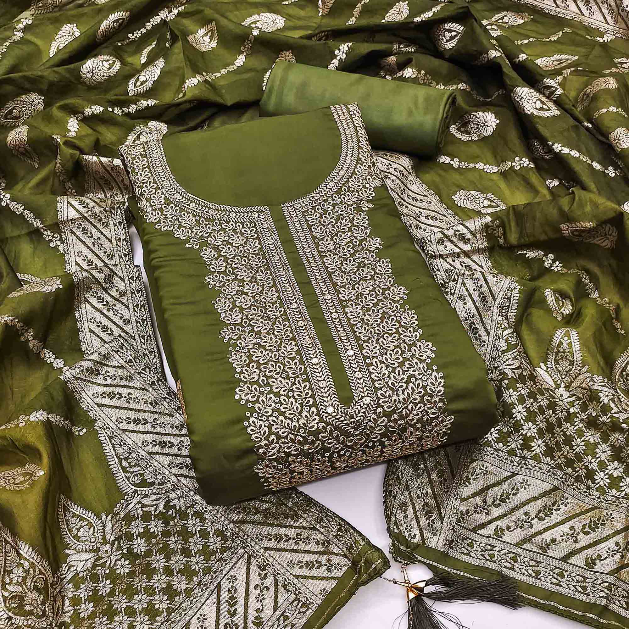 Green Roman Chanderi Silk Dress Material With Elegant Floral & Cording Embroidery Work