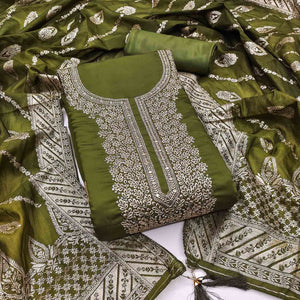 Green Roman Chanderi Silk Dress Material With Elegant Floral & Cording Embroidery Work