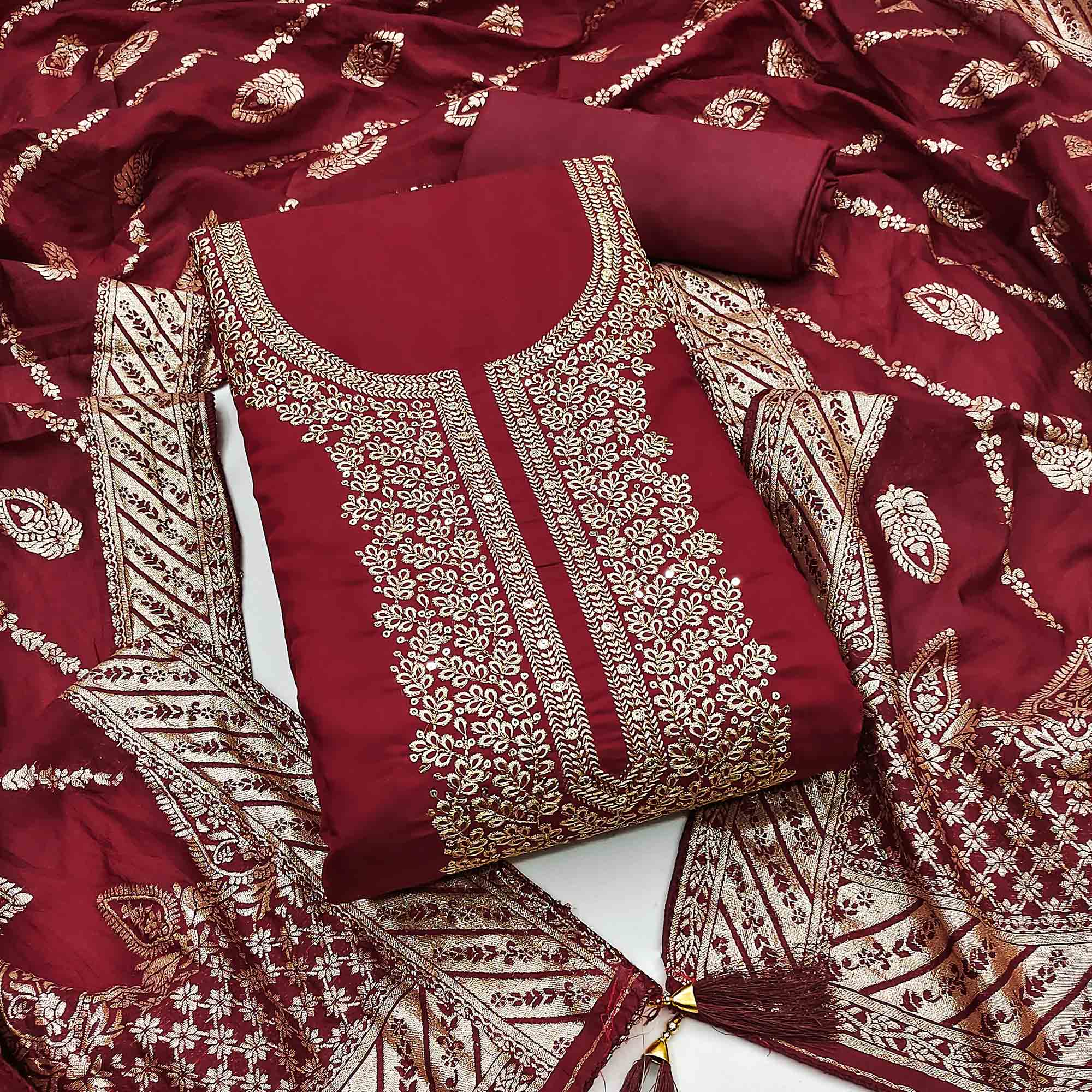Maroon Roman Chanderi Silk Dress Material With Elegant Floral & Cording Embroidery Work