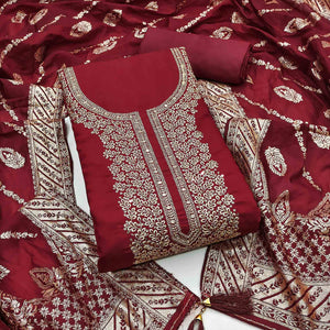 Maroon Roman Chanderi Silk Dress Material With Elegant Floral & Cording Embroidery Work