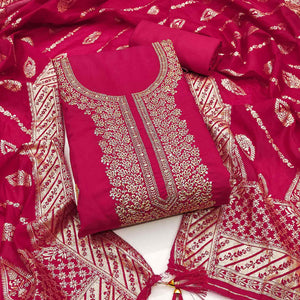 Pink Roman Chanderi Silk Dress Material With Elegant Floral & Cording Embroidery Work