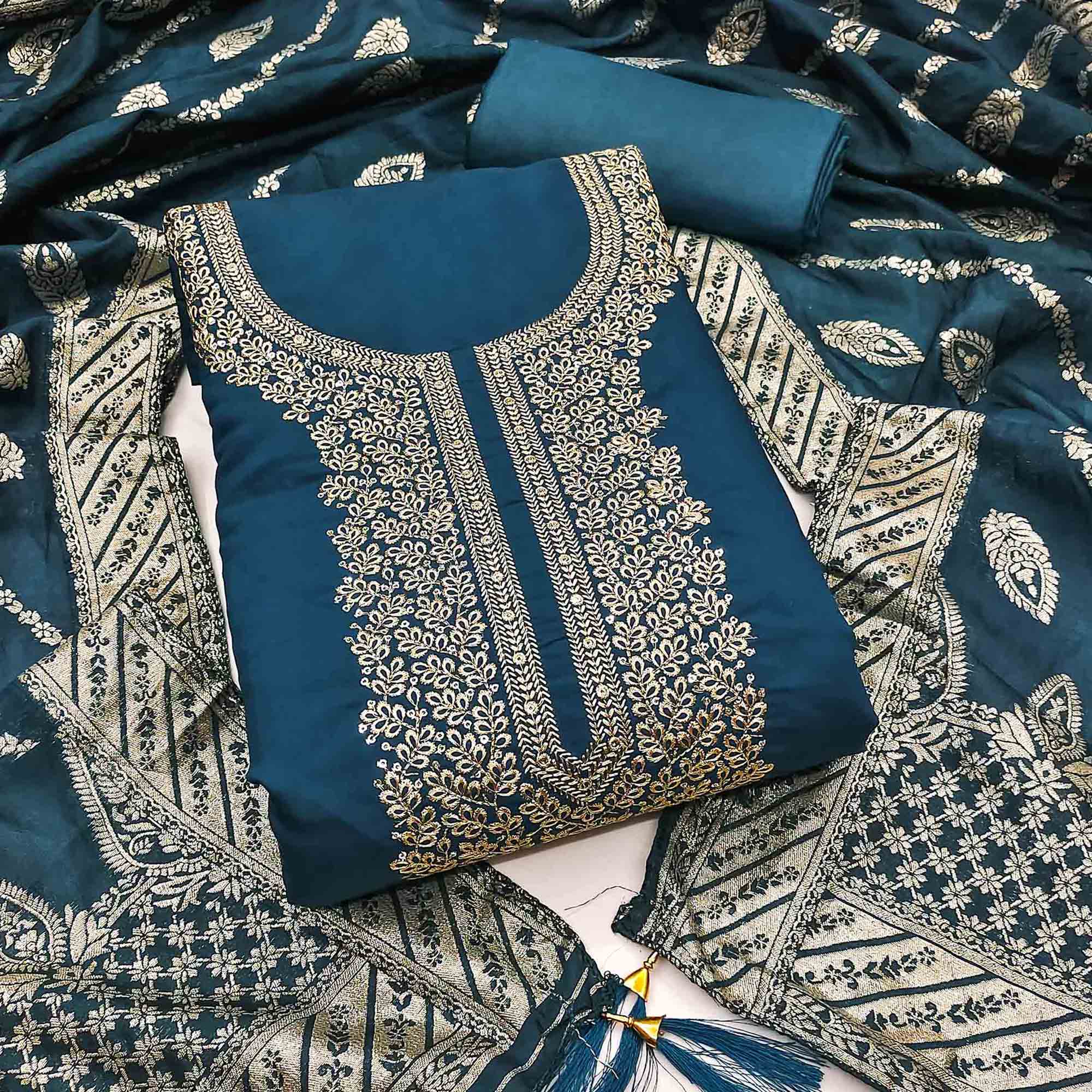 Teal Roman Chanderi Silk Dress Material With Elegant Floral & Cording Embroidery Work