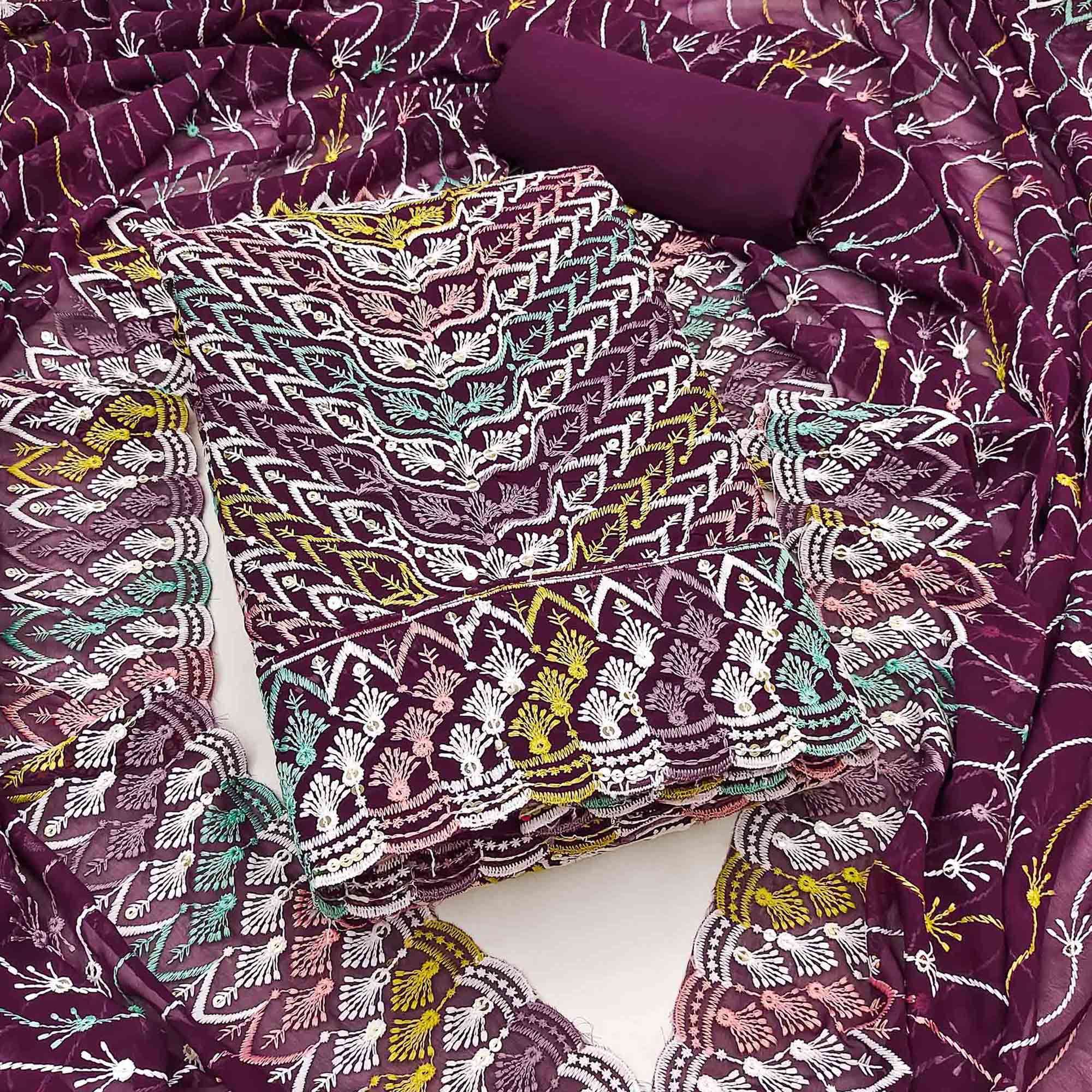 Purple Dress Material In Rich Jacquard With Intricate Heavy Embroidery