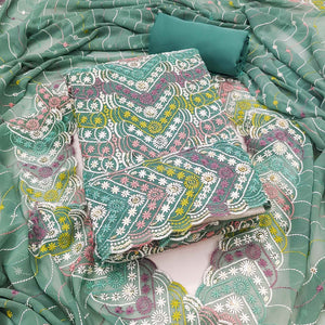 Sage Green Dress Material In Rich Jacquard With Intricate Heavy Embroidery
