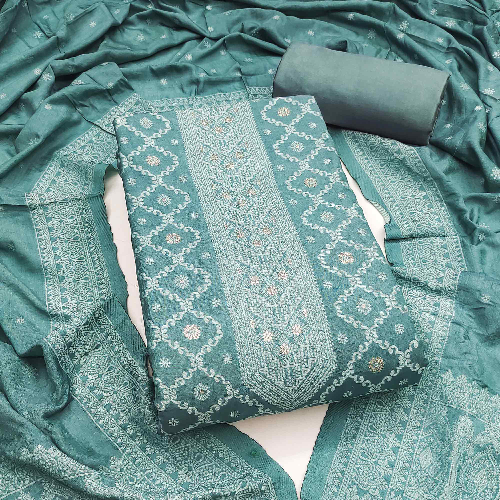 Banarasi Inspired Teal Jacquard Fabric for Elegant Ensembles