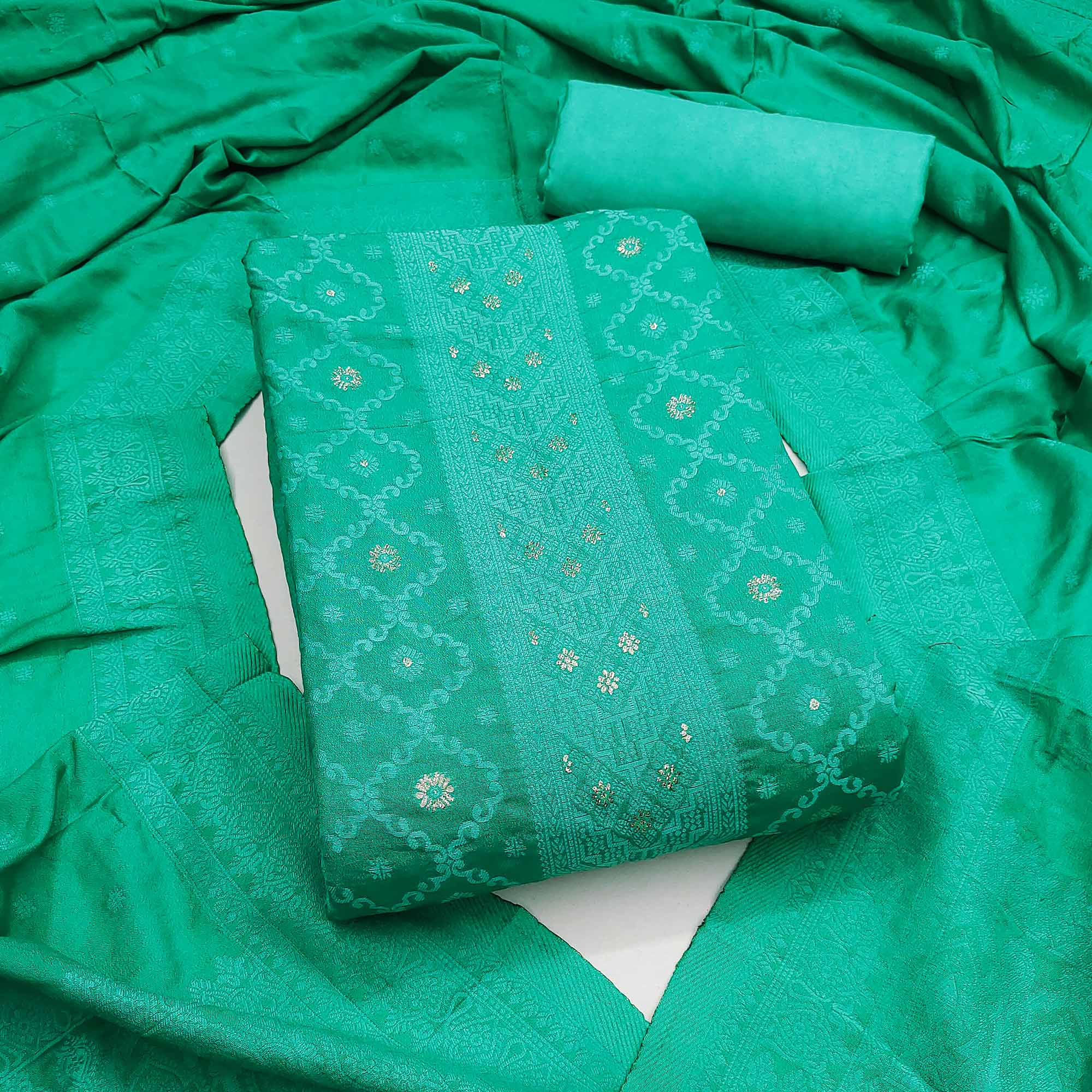 Banarasi Inspired Turquoise Jacquard Fabric for Elegant Ensembles