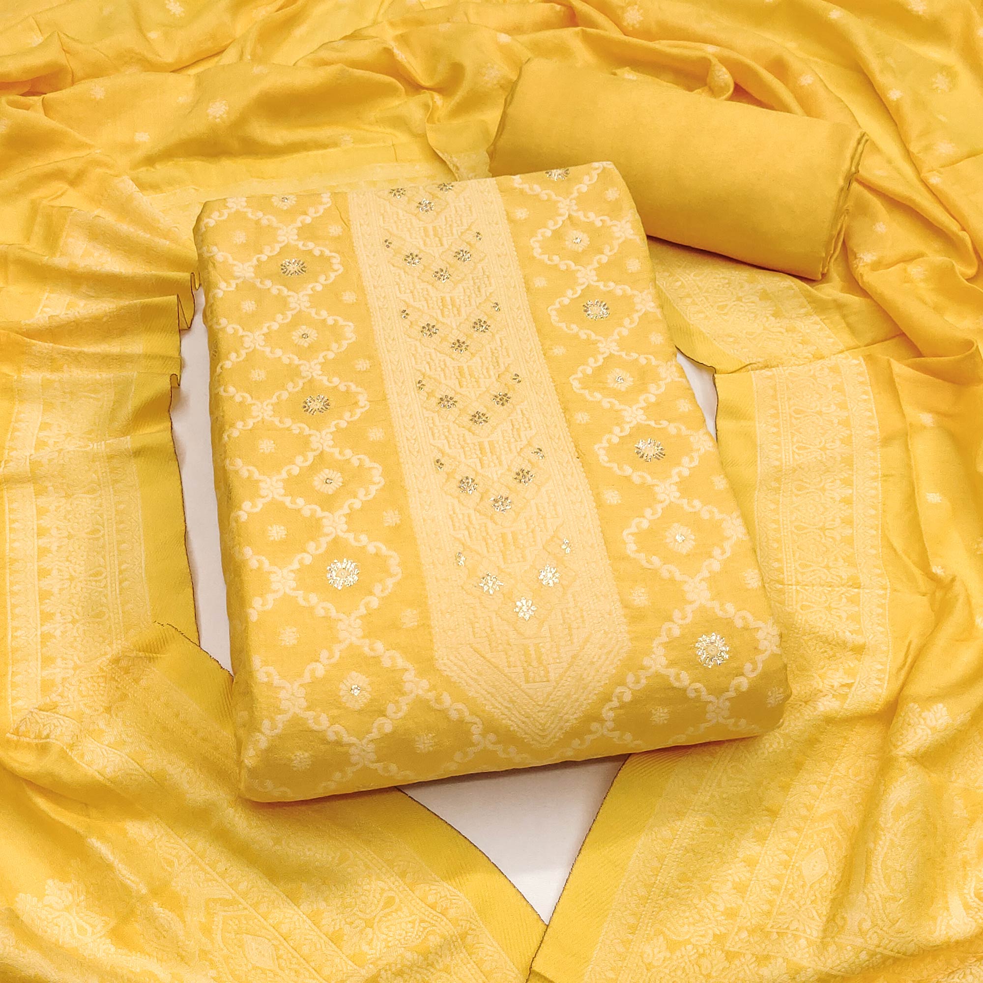Banarasi Inspired Yellow Jacquard Fabric for Elegant Ensembles