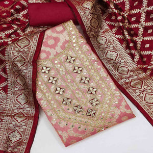 Pink Floral Weaving Jacquard Dress Material With Cording & Gota Patti Work
