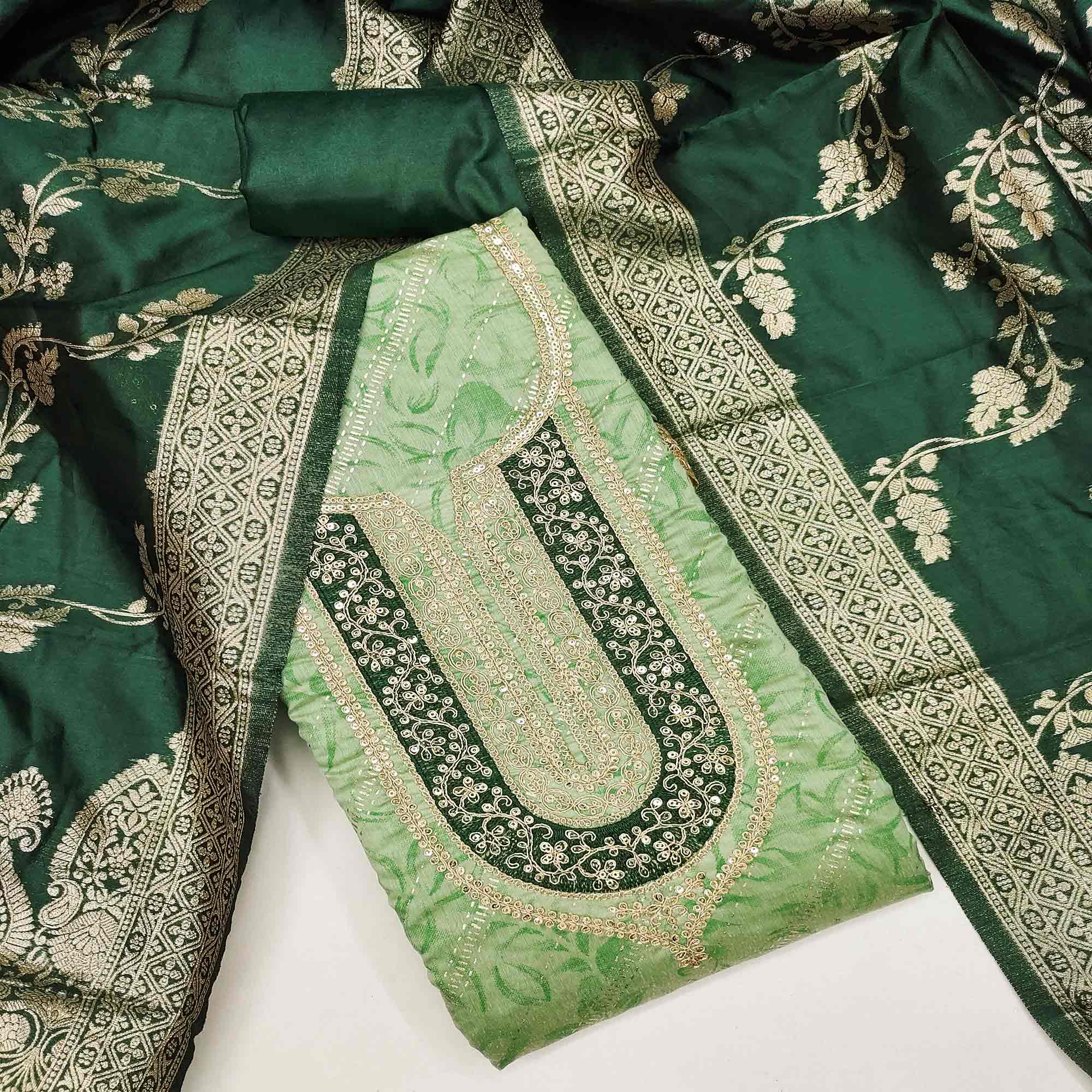Green Printed Chanderi Silk Dress Material With Elegant Sequins & Cording Embroidery
