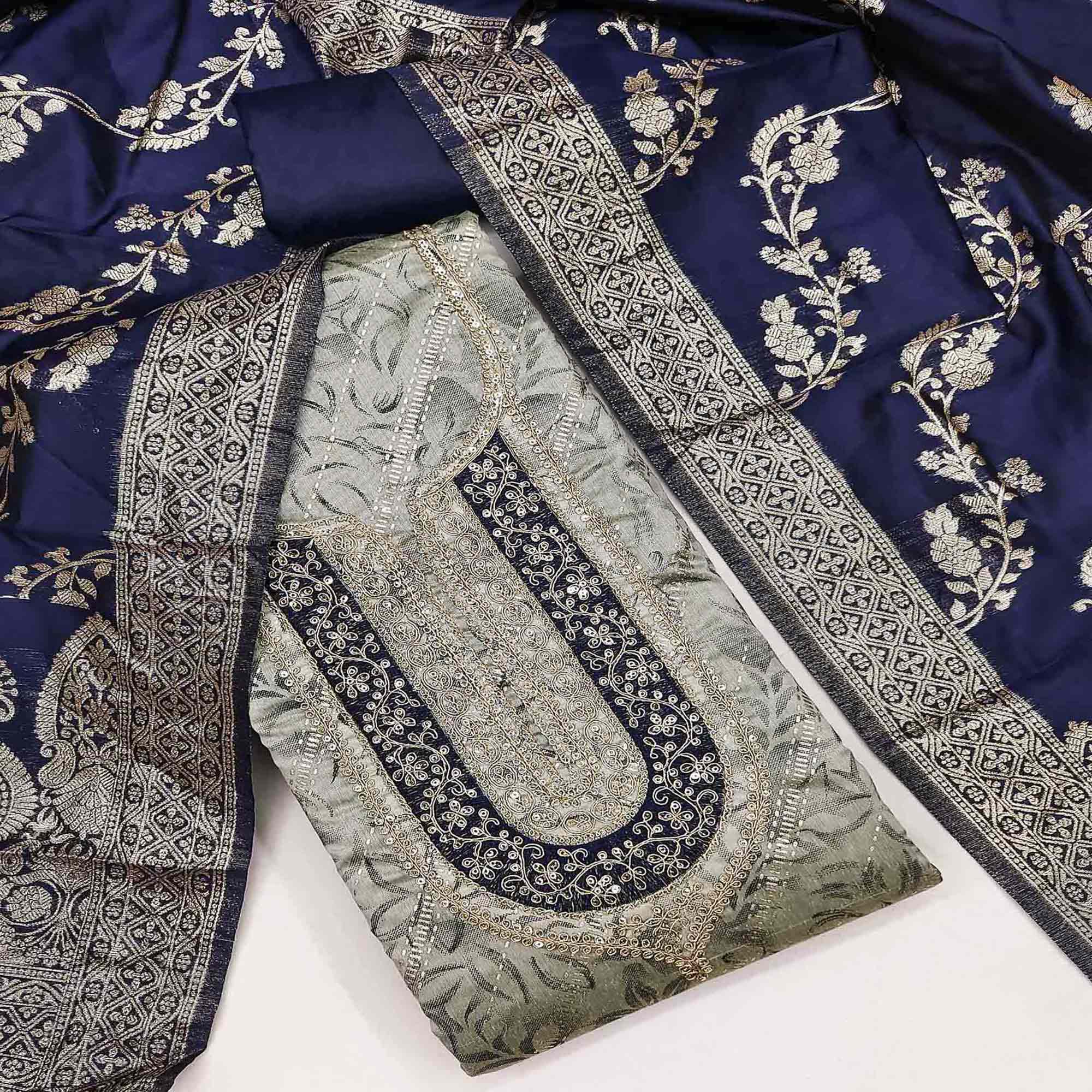 Grey Printed Chanderi Silk Dress Material With Elegant Sequins & Cording Embroidery