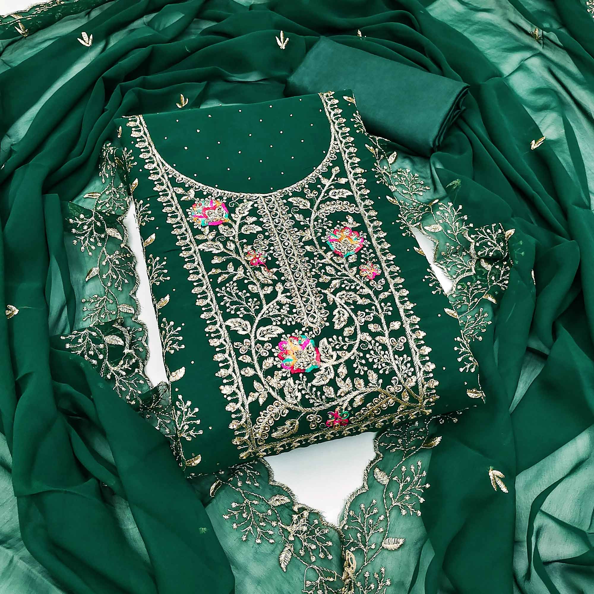 Green Georgette Dress Material With Floral Embroidery & Sparkling Stone Work