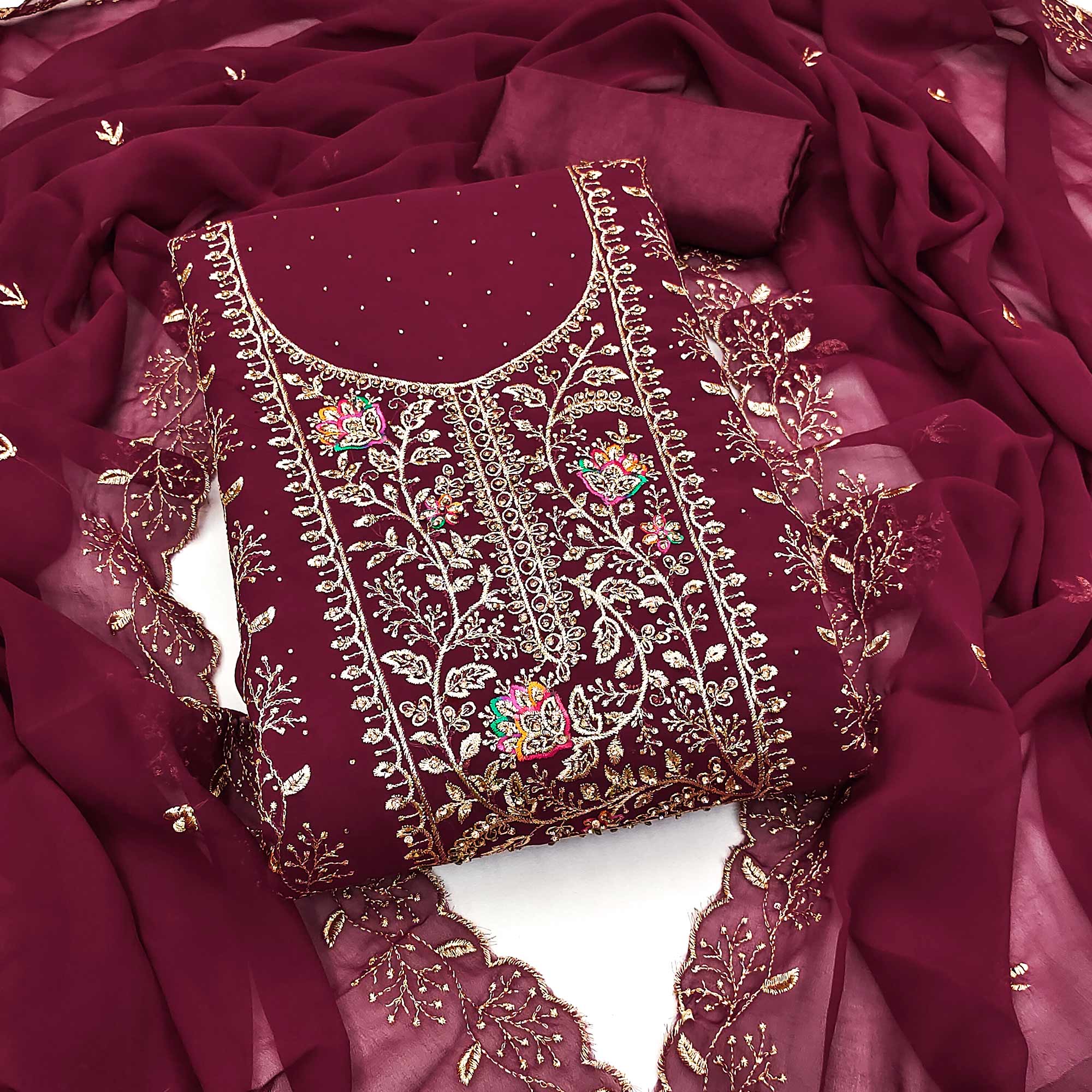 Maroon Georgette Dress Material With Floral Embroidery & Sparkling Stone Work