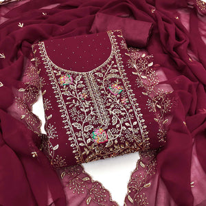 Maroon Georgette Dress Material With Floral Embroidery & Sparkling Stone Work