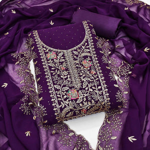 Purple Georgette Dress Material With Floral Embroidery & Sparkling Stone Work