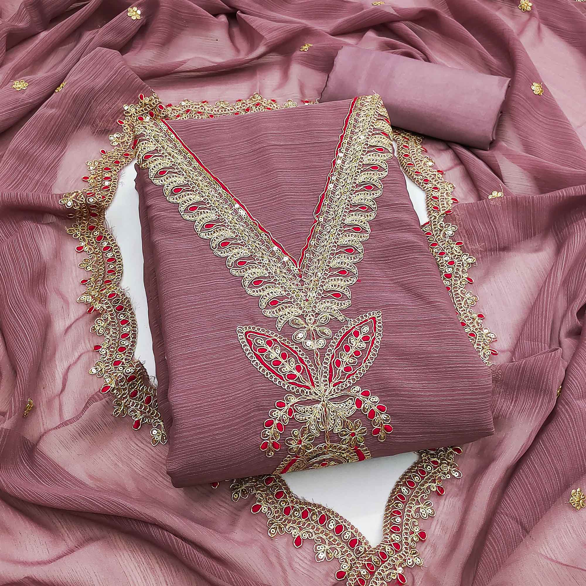 Onion Pink Ensemble In Zomato Art Silk Adorned With Cording Floral Embroidery & Sparkling Sequins